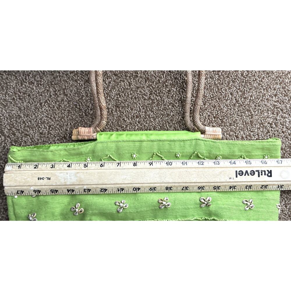 Wayan Natural Wears Wrapped Wooden Curved Handle Texture Green Fringe Shells Bag - Picture 9 of 12